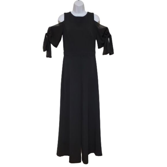 🌹JUST TAYLOR BLACK JUMPSUIT SHEER FAUX TIE COLD SHOULDER sz 4 - Picture 1 of 12